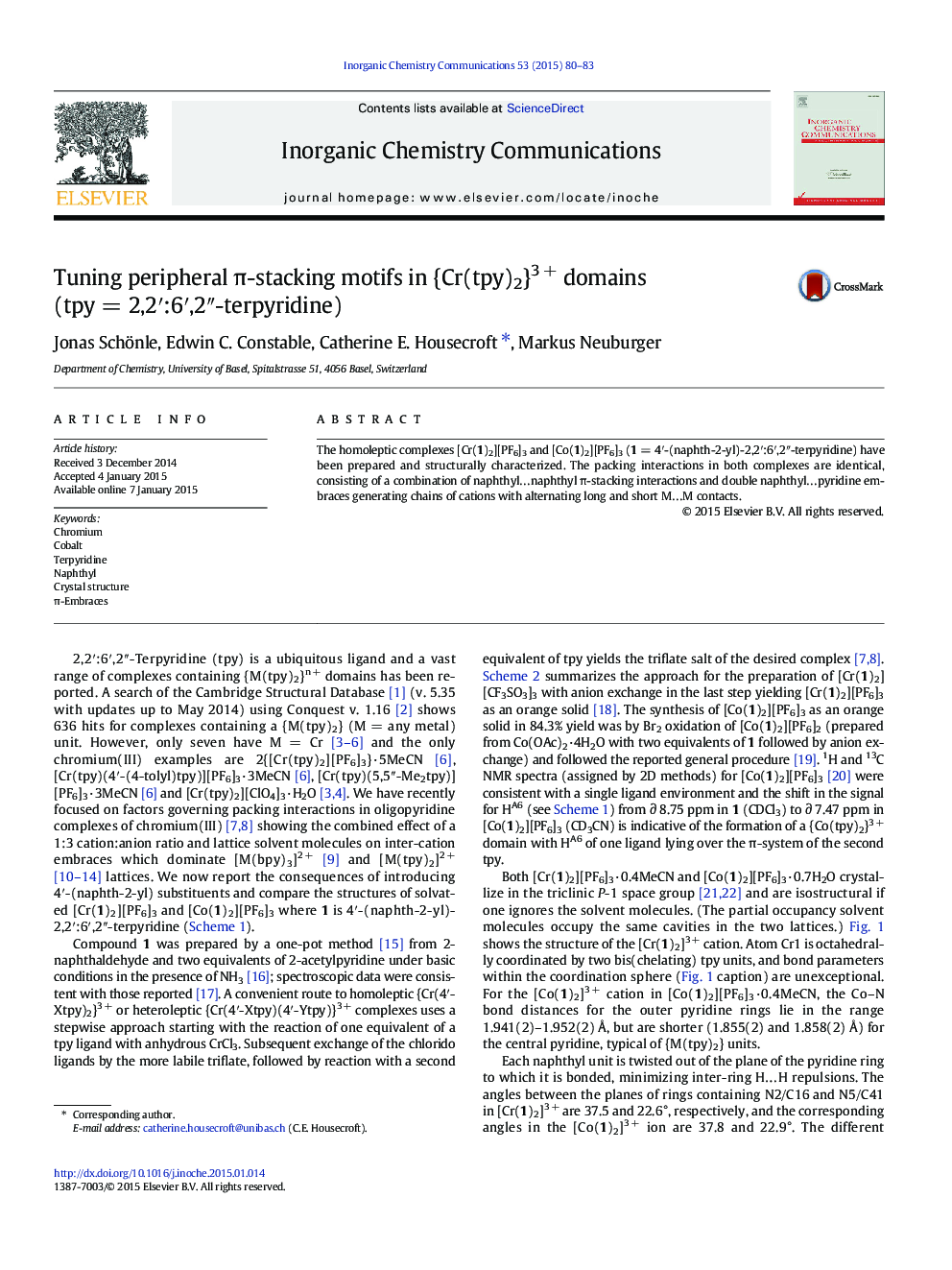 عکس صفحه اول مقاله: Tuning peripheral π-stacking motifs in {Cr(tpy)2}3 + domains (tpy = 2,2′:6′,2″-terpyridine) Tuning peripheral π-stacking motifs in {Cr(tpy)2}3 + domains (tpy = 2,2′:6′,2″-terpyridine)