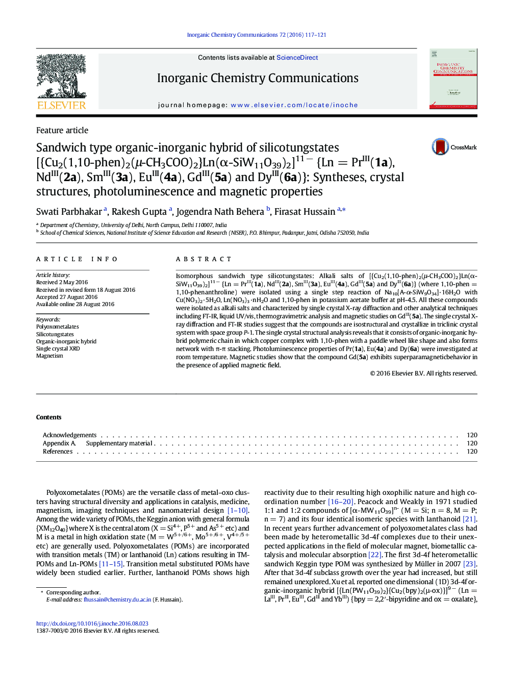 Sandwich type organic-inorganic hybrid of silicotungstates [{Cu2(1,10-phen)2(μ-CH3COO)2}Ln(α-SiW11O39)2]11 − {Ln = PrIII(1a), NdIII(2a), SmIII(3a), EuIII(4a), GdIII(5a) and DyIII(6a)}: Syntheses, crystal structures, photoluminescence and magnetic properti