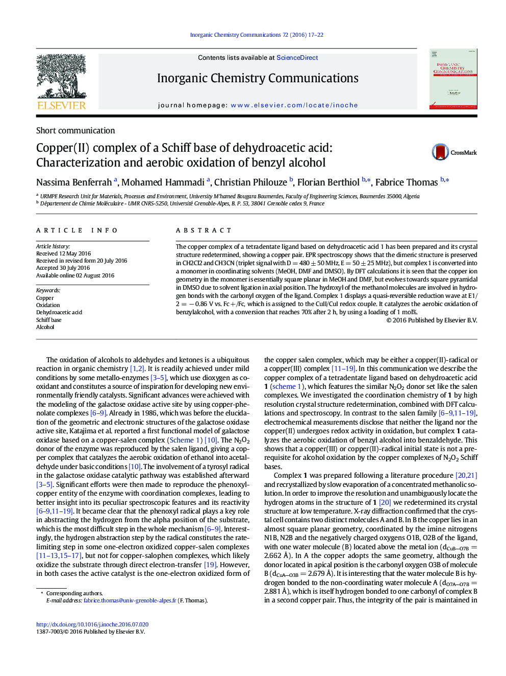 Copper(II) complex of a Schiff base of dehydroacetic acid: Characterization and aerobic oxidation of benzyl alcohol