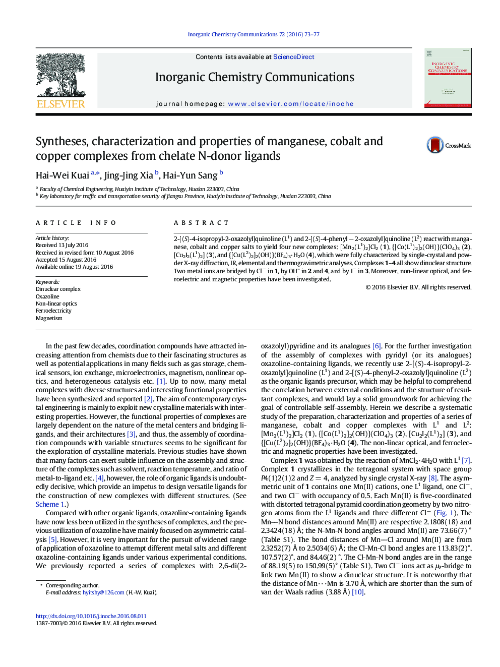 Syntheses, characterization and properties of manganese, cobalt and copper complexes from chelate N-donor ligands