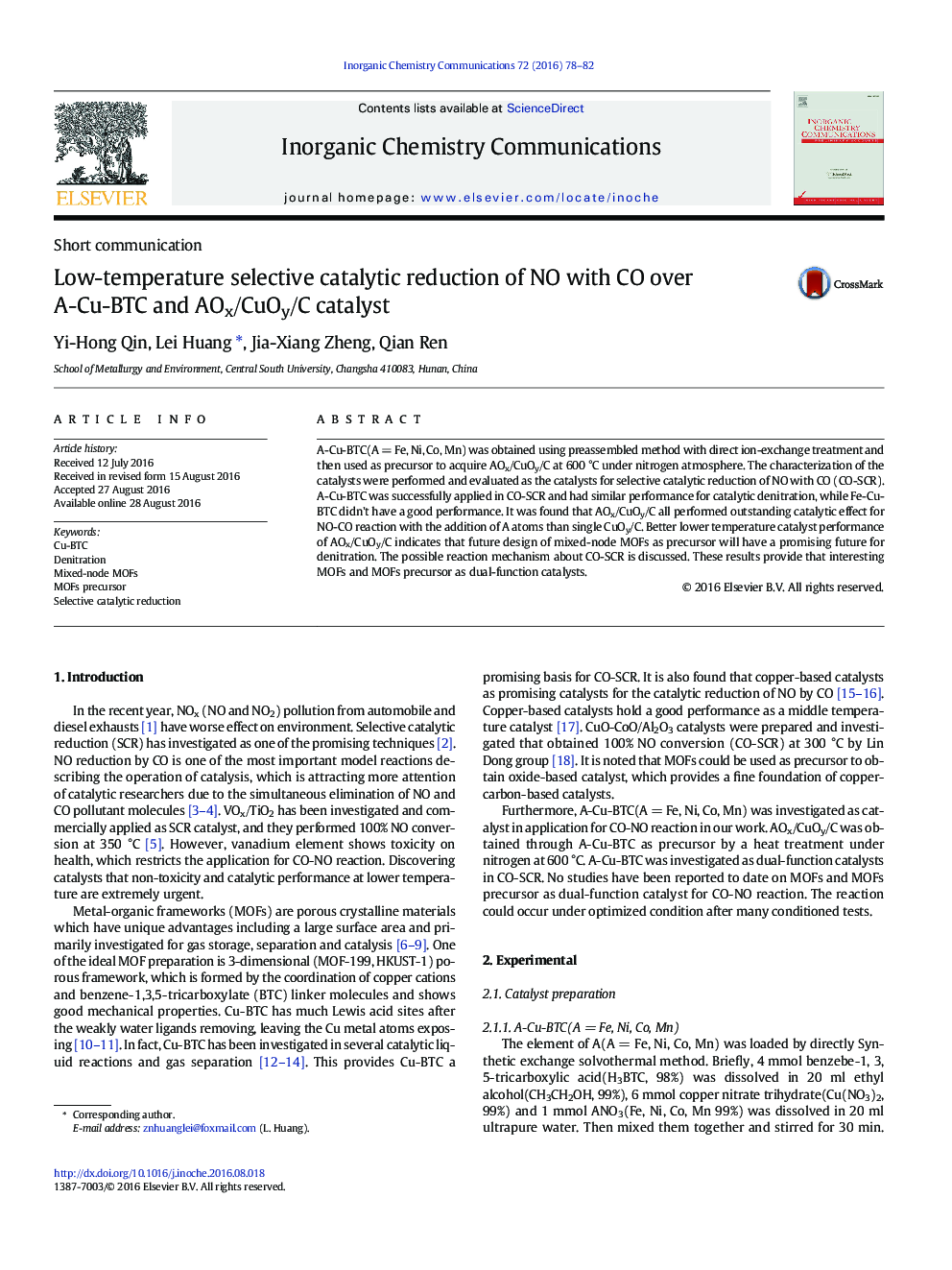 Low-temperature selective catalytic reduction of NO with CO over A-Cu-BTC and AOx/CuOy/C catalyst
