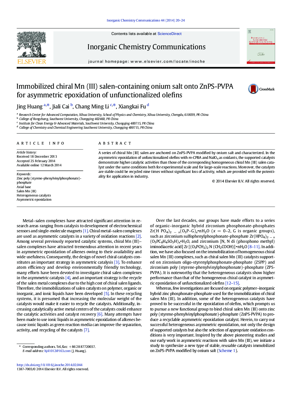 Immobilized chiral Mn (III) salen-containing onium salt onto ZnPS-PVPA for asymmetric epoxidation of unfunctionalized olefins