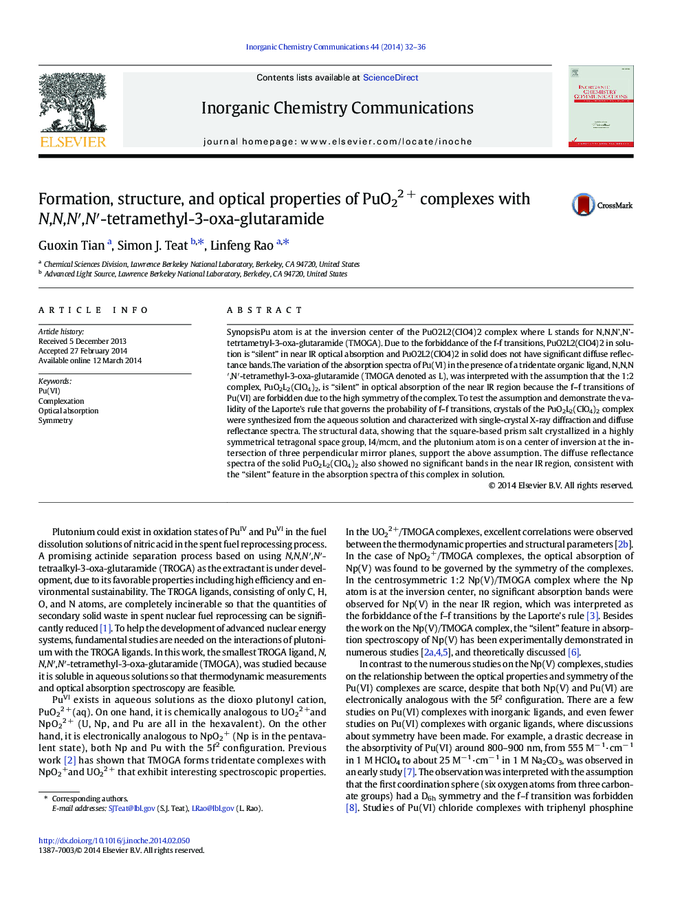 Formation, structure, and optical properties of PuO22 + complexes with N,N,N′,N′-tetramethyl-3-oxa-glutaramide