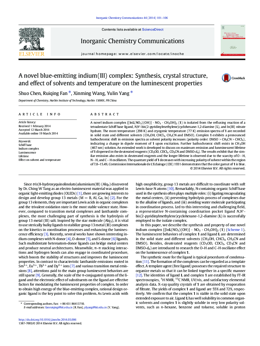 A novel blue-emitting indium(III) complex: Synthesis, crystal structure, and effect of solvents and temperature on the luminescent properties