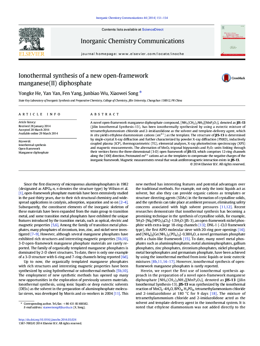 Ionothermal synthesis of a new open-framework manganese(II) diphosphate