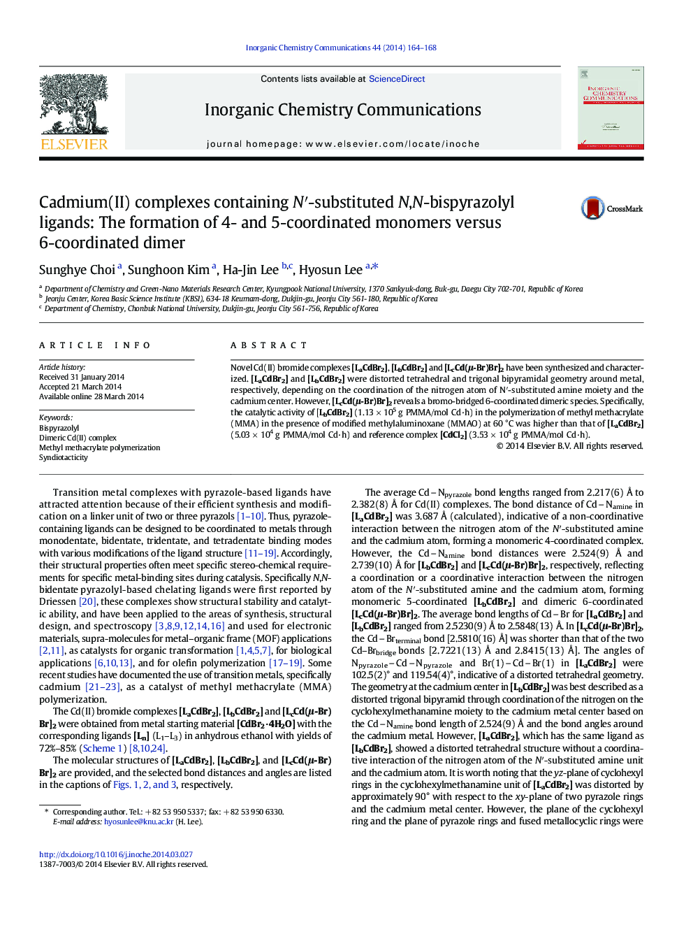 Cadmium(II) complexes containing N′-substituted N,N-bispyrazolyl ligands: The formation of 4- and 5-coordinated monomers versus 6-coordinated dimer