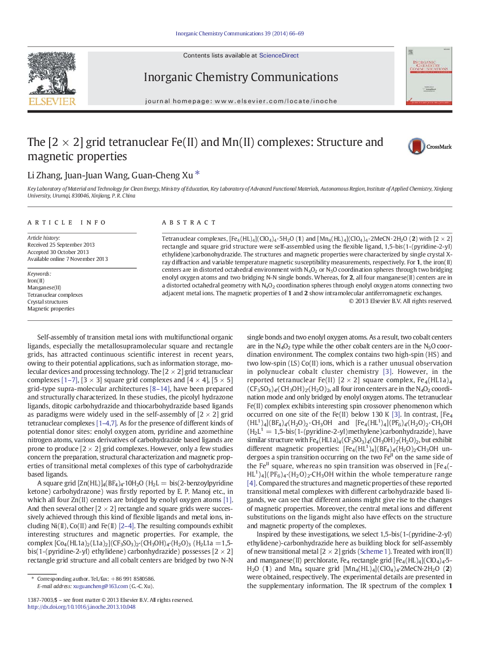 The [2 × 2] grid tetranuclear Fe(II) and Mn(II) complexes: Structure and magnetic properties