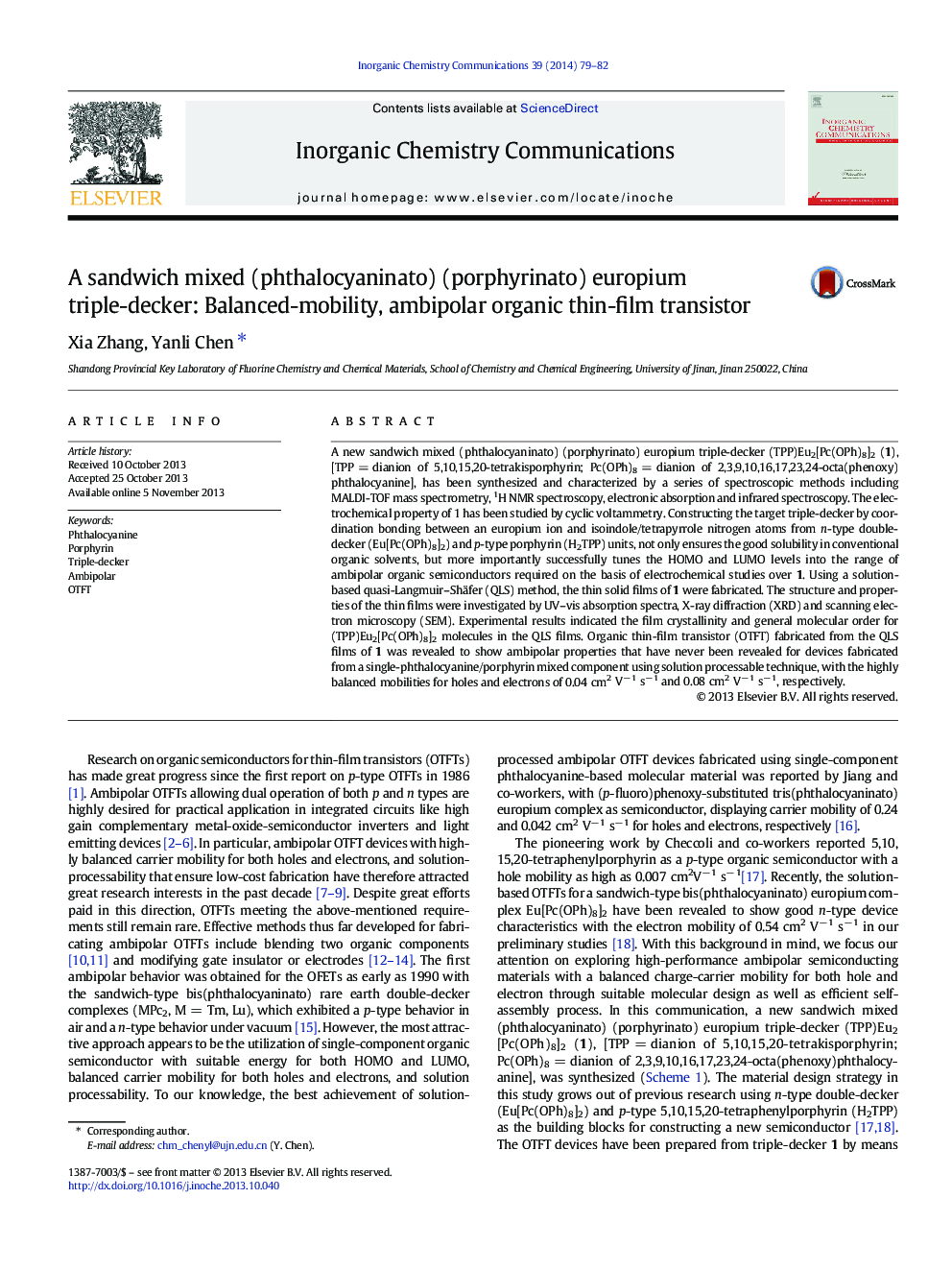 A sandwich mixed (phthalocyaninato) (porphyrinato) europium triple-decker: Balanced-mobility, ambipolar organic thin-film transistor