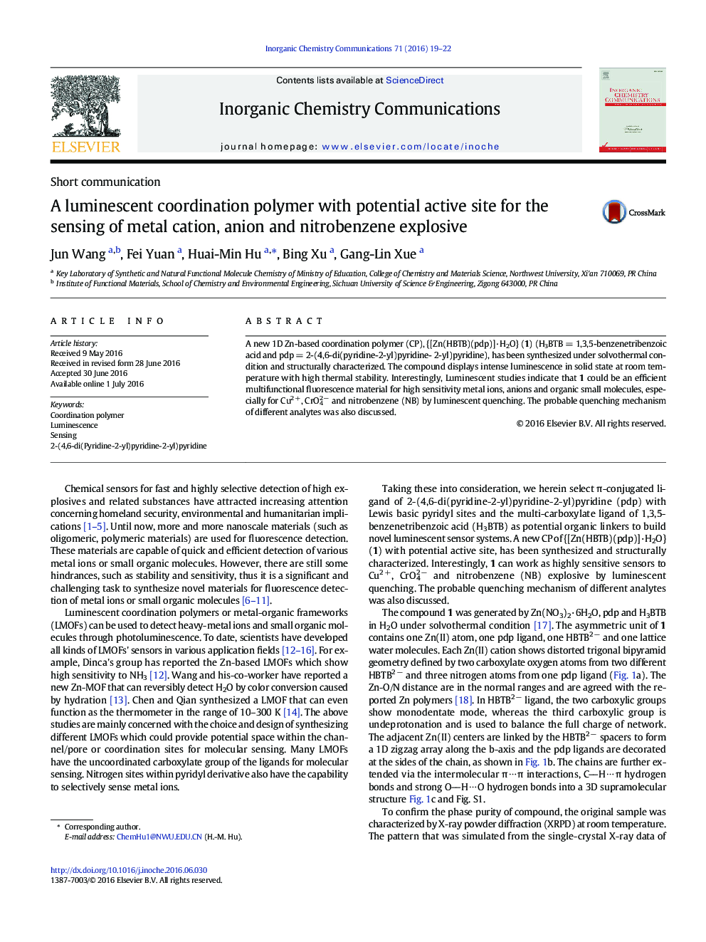 A luminescent coordination polymer with potential active site for the sensing of metal cation, anion and nitrobenzene explosive