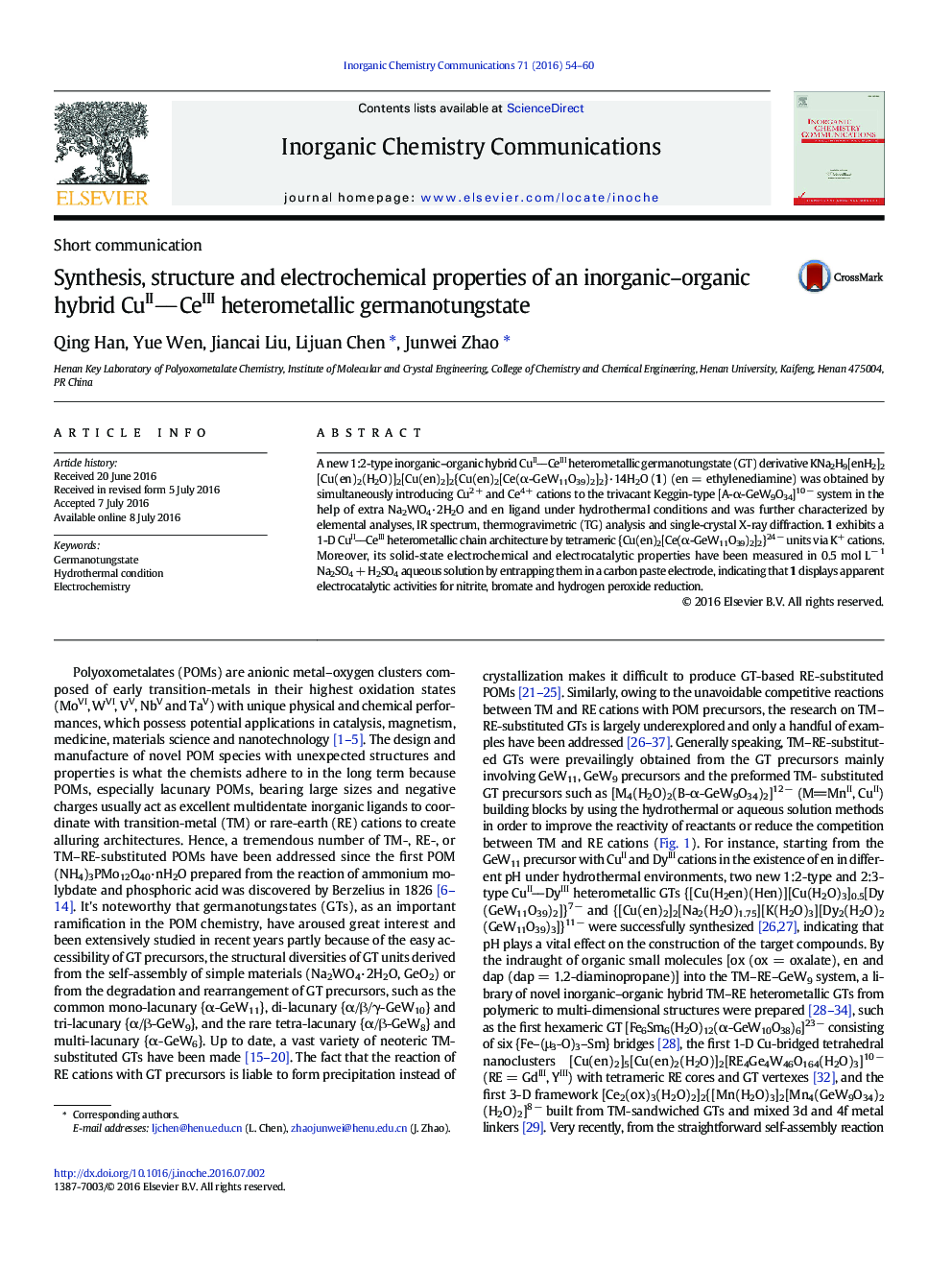 Synthesis, structure and electrochemical properties of an inorganic–organic hybrid CuIICeIII heterometallic germanotungstate