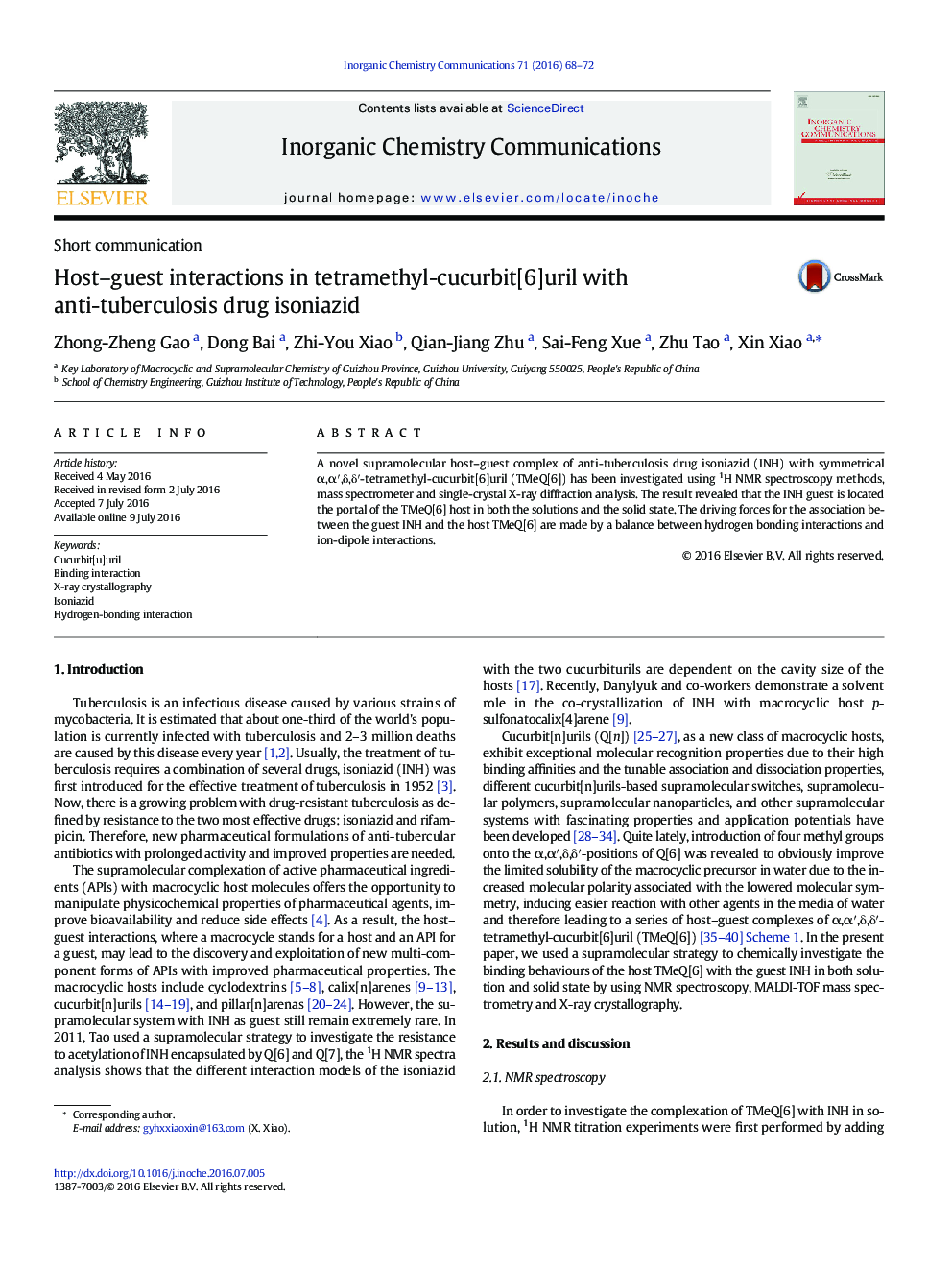 Host–guest interactions in tetramethyl-cucurbit[6]uril with anti-tuberculosis drug isoniazid