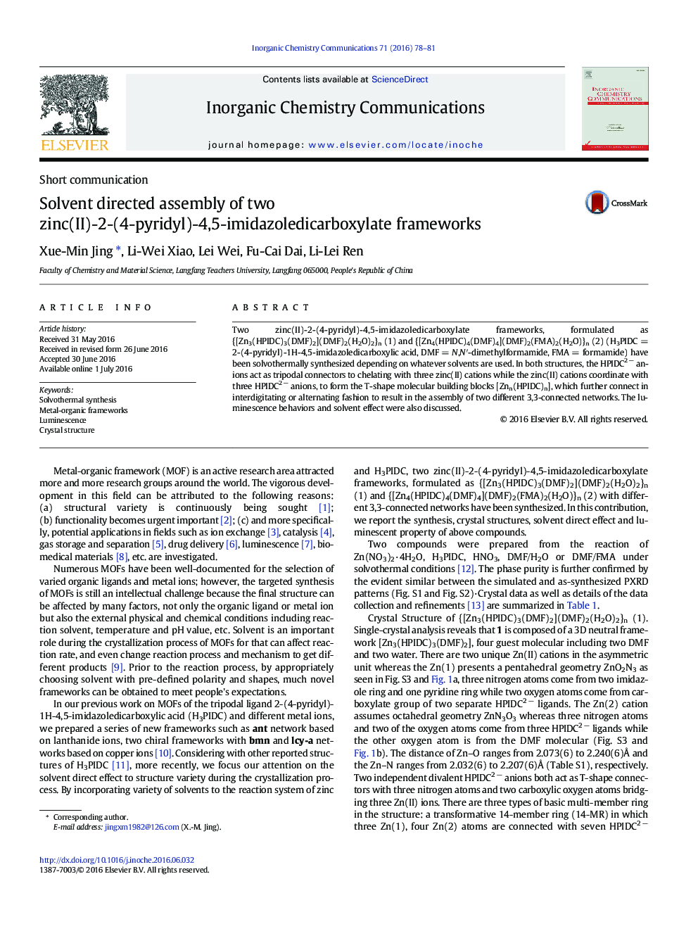 Solvent directed assembly of two zinc(II)-2-(4-pyridyl)-4,5-imidazoledicarboxylate frameworks