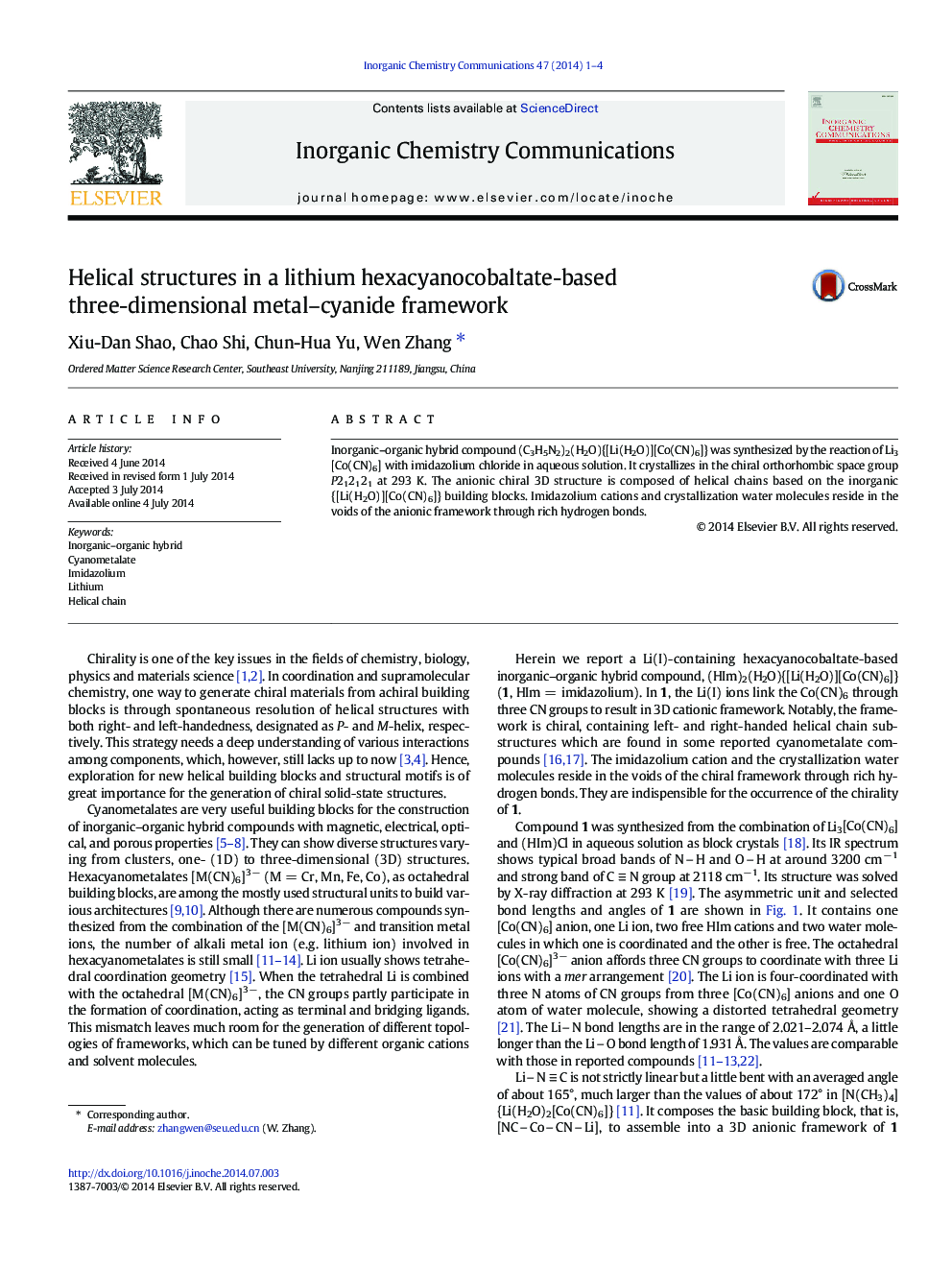 Helical structures in a lithium hexacyanocobaltate-based three-dimensional metal–cyanide framework