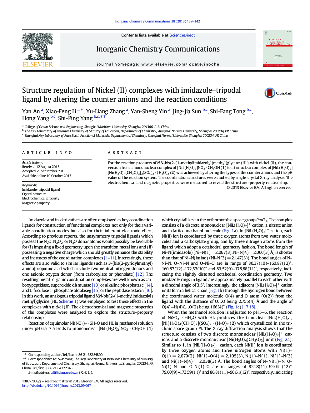 Structure regulation of Nickel (II) complexes with imidazole–tripodal ligand by altering the counter anions and the reaction conditions