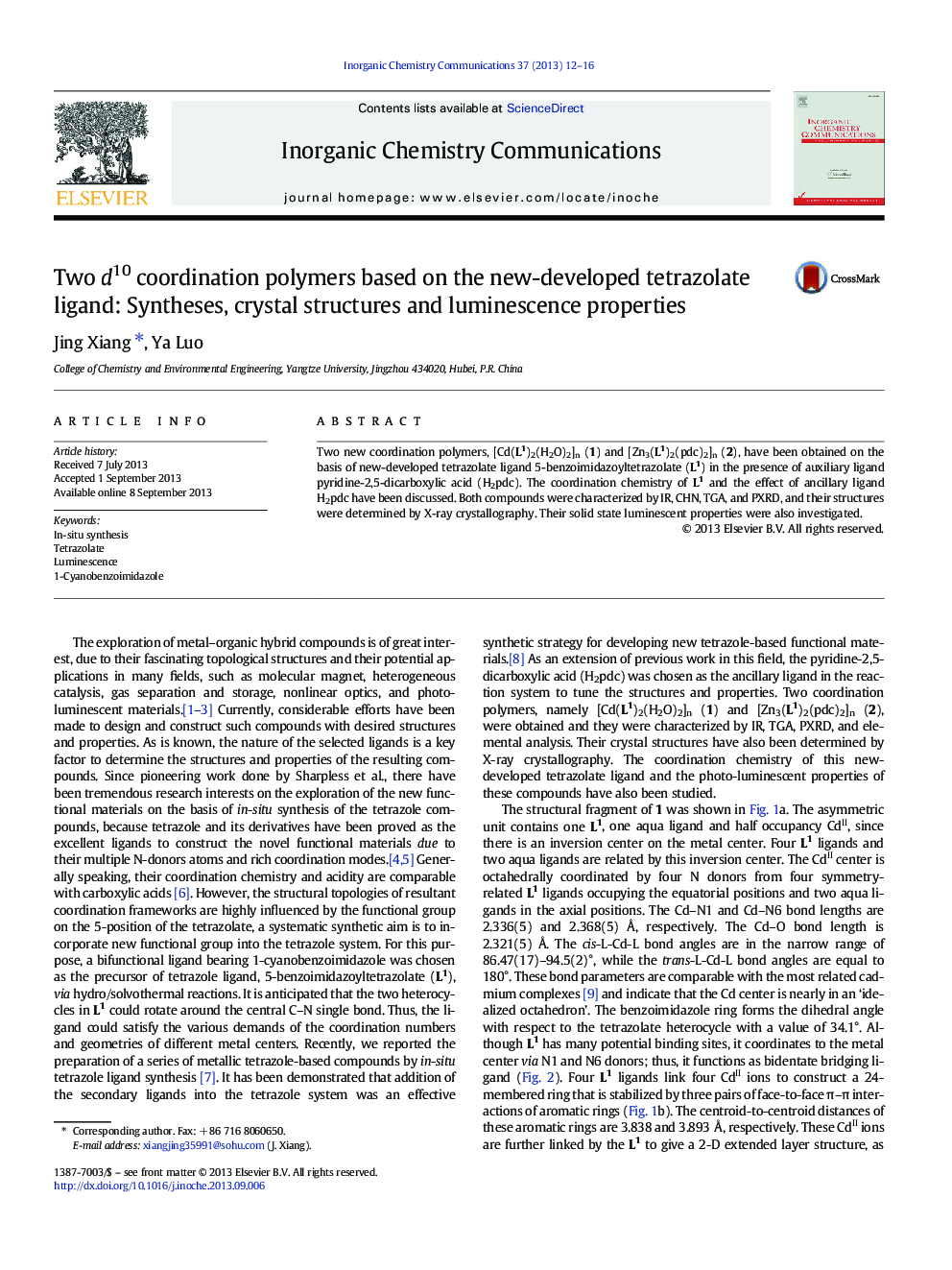 Two d10 coordination polymers based on the new-developed tetrazolate ligand: Syntheses, crystal structures and luminescence properties