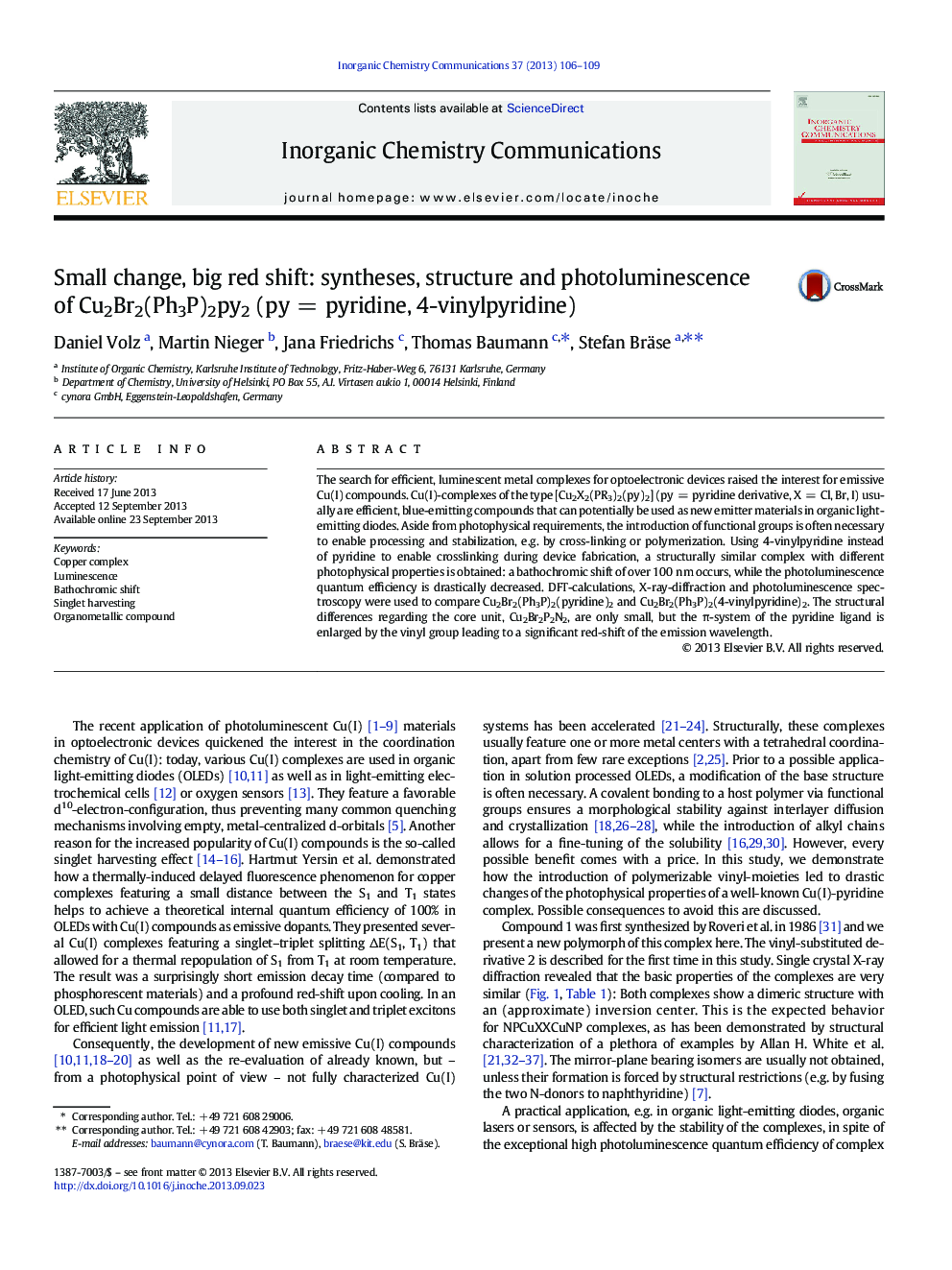 Small change, big red shift: syntheses, structure and photoluminescence of Cu2Br2(Ph3P)2py2 (py = pyridine, 4-vinylpyridine)