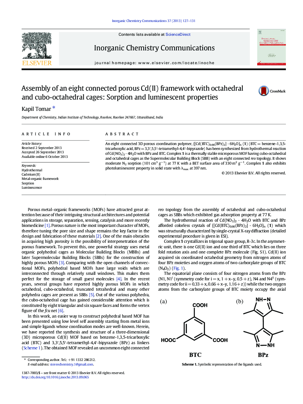 Assembly of an eight connected porous Cd(II) framework with octahedral and cubo-octahedral cages: Sorption and luminescent properties