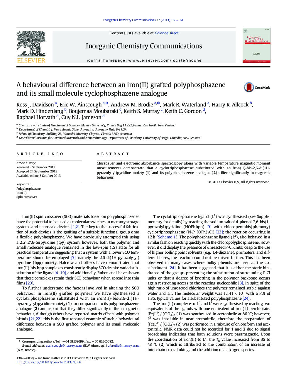 A behavioural difference between an iron(II) grafted polyphosphazene and its small molecule cyclophosphazene analogue