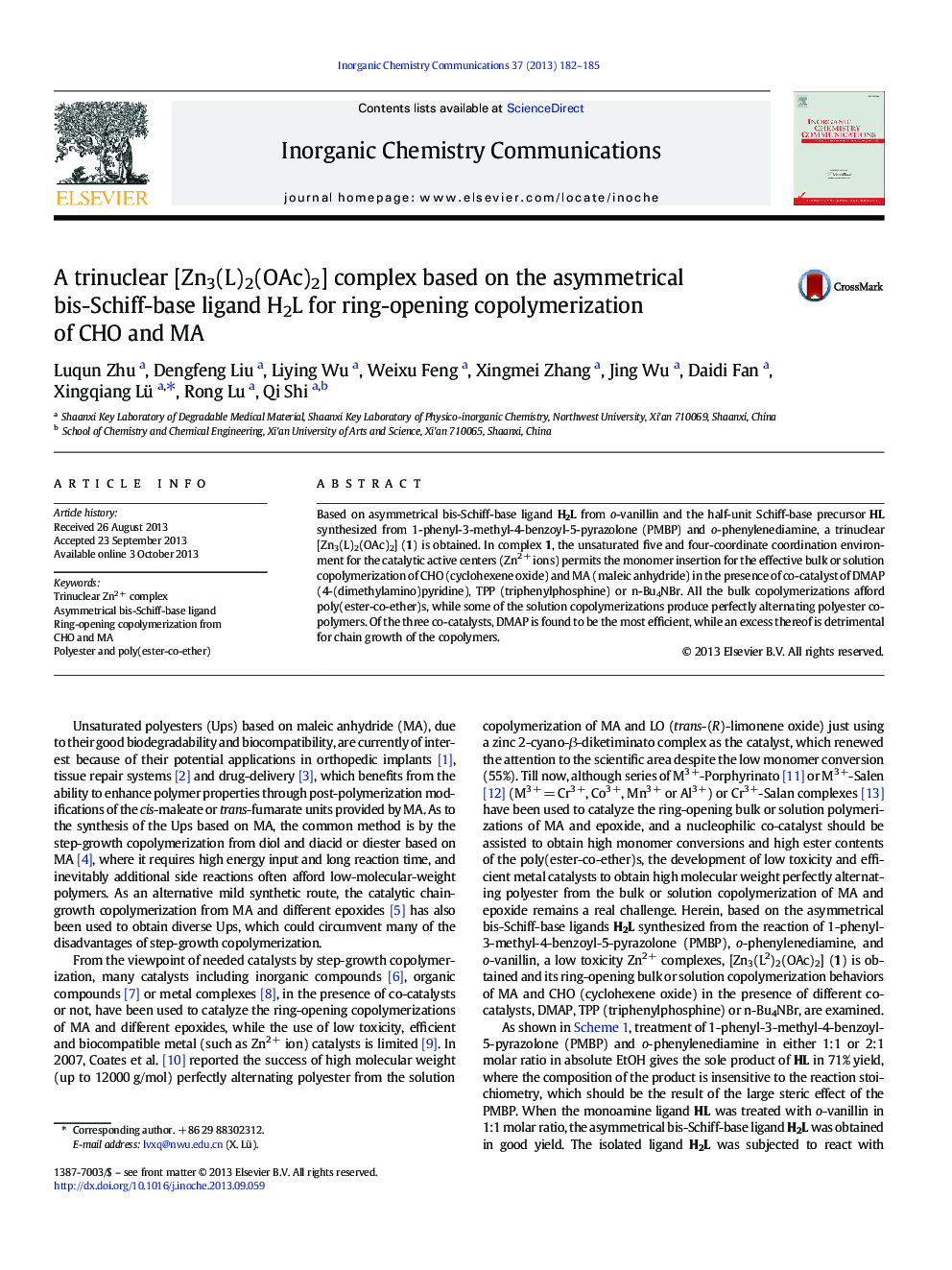 A trinuclear [Zn3(L)2(OAc)2] complex based on the asymmetrical bis-Schiff-base ligand H2L for ring-opening copolymerization of CHO and MA