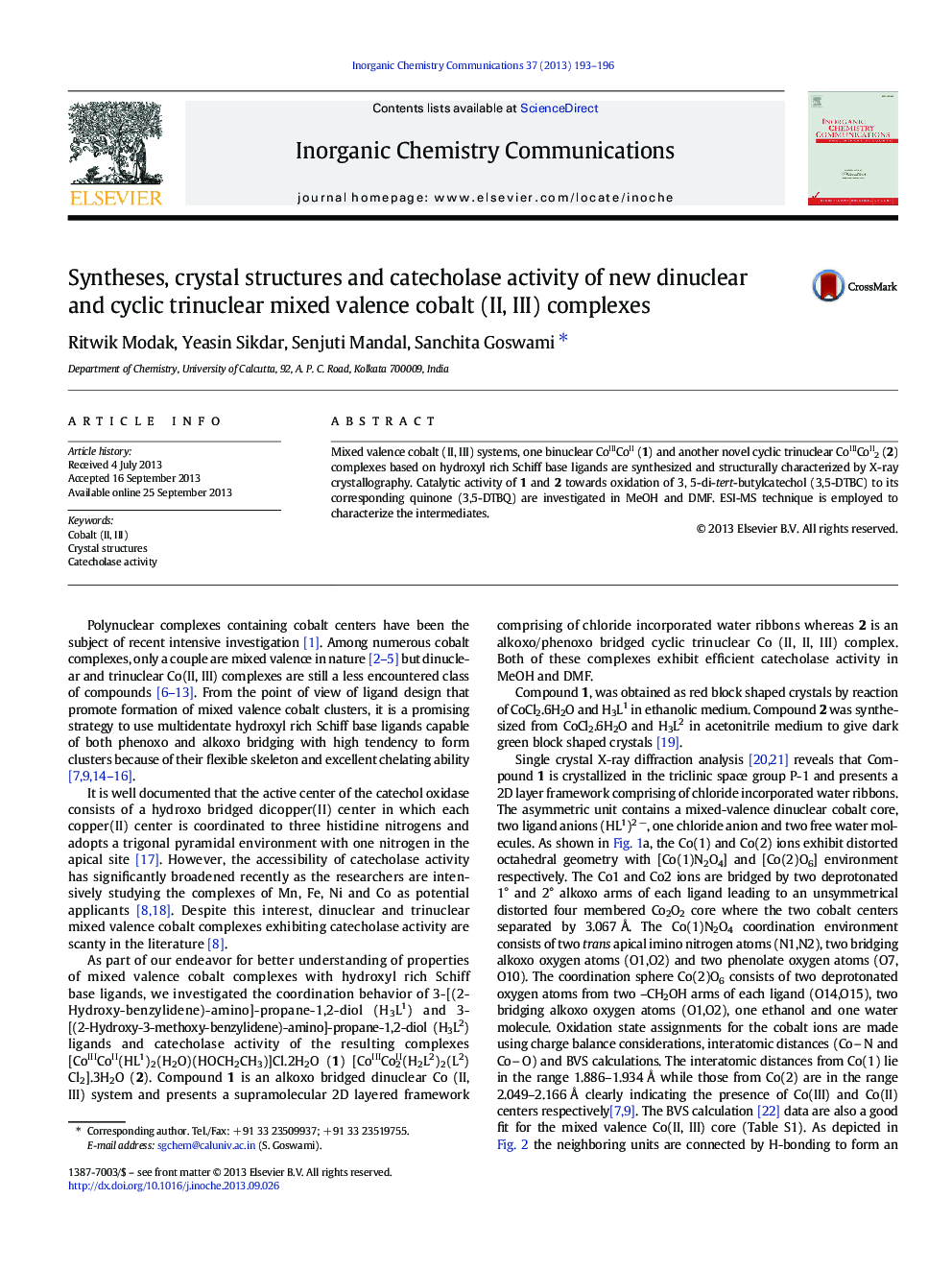 Syntheses, crystal structures and catecholase activity of new dinuclear and cyclic trinuclear mixed valence cobalt (II, III) complexes