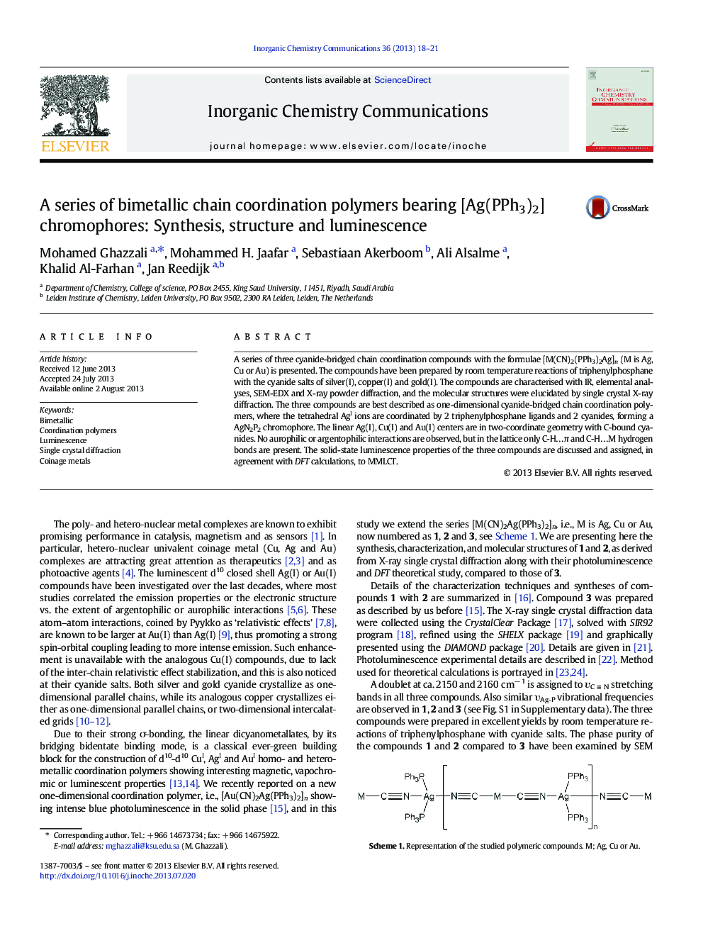 A series of bimetallic chain coordination polymers bearing [Ag(PPh3)2] chromophores: Synthesis, structure and luminescence