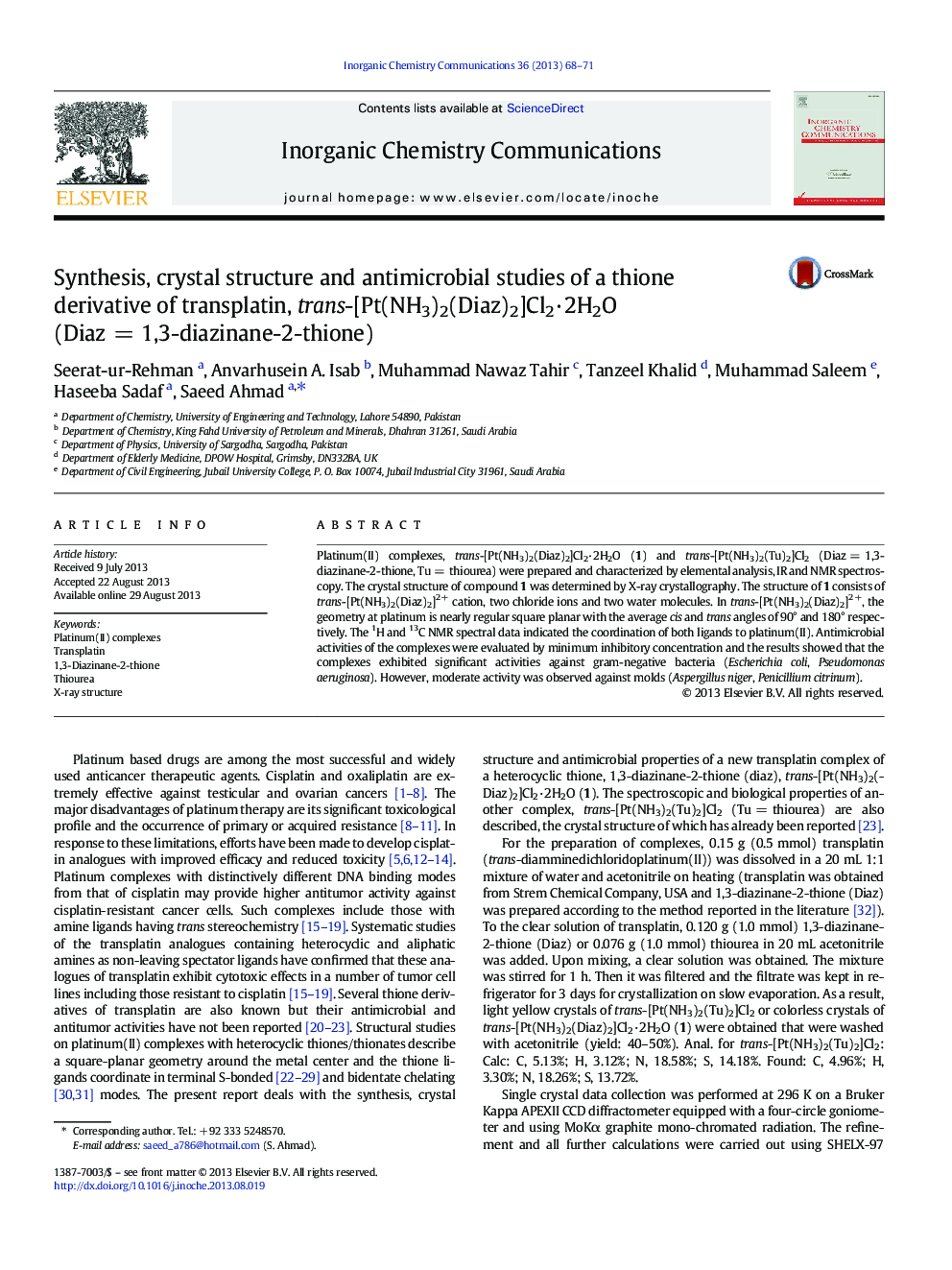 Synthesis, crystal structure and antimicrobial studies of a thione derivative of transplatin, trans-[Pt(NH3)2(Diaz)2]Cl2·2H2O (Diaz = 1,3-diazinane-2-thione)