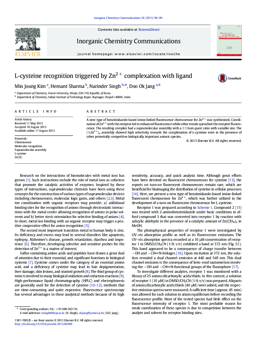 L-cysteine recognition triggered by Zn2 + complexation with ligand