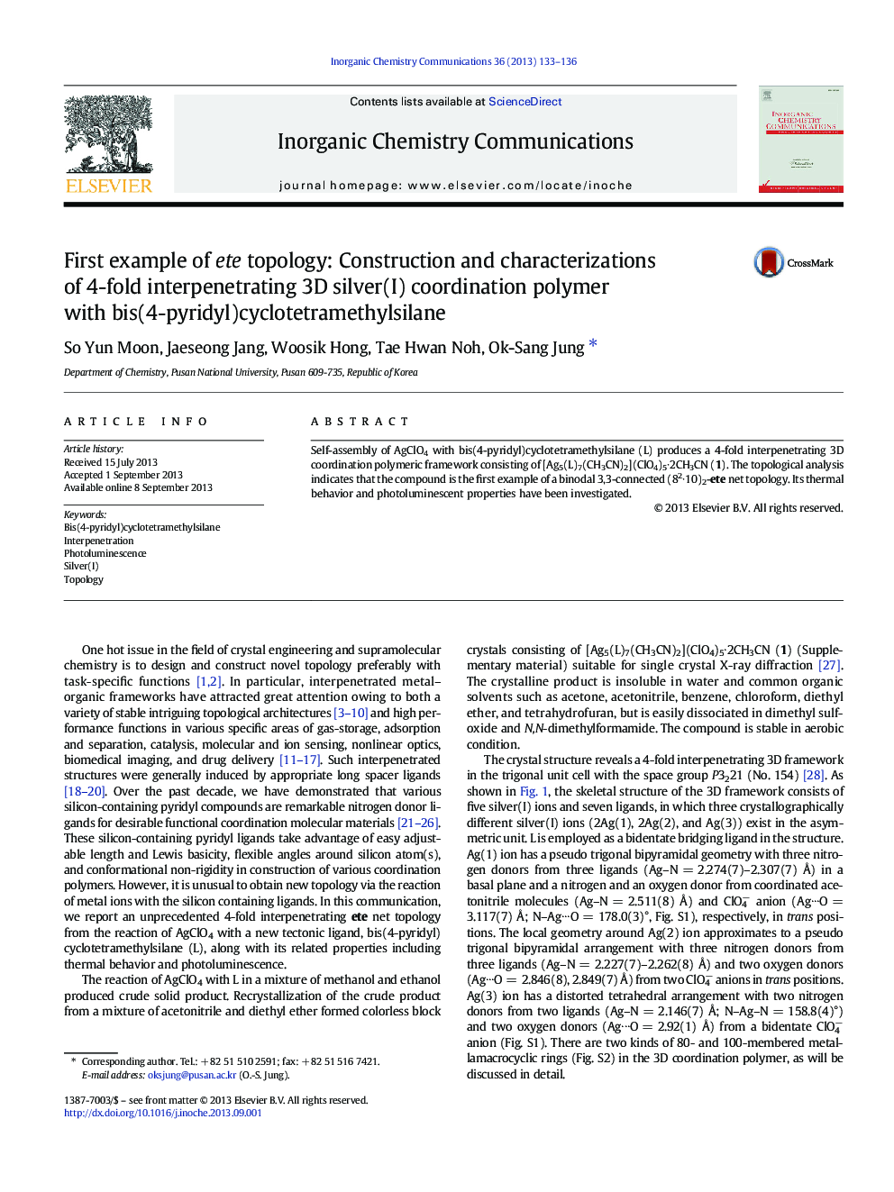 First example of ete topology: Construction and characterizations of 4-fold interpenetrating 3D silver(I) coordination polymer with bis(4-pyridyl)cyclotetramethylsilane