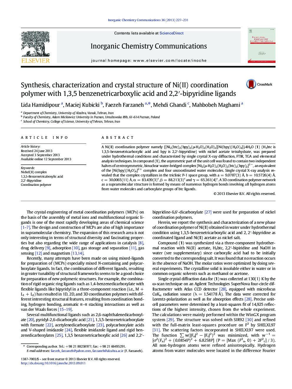 Synthesis, characterization and crystal structure of Ni(II) coordination polymer with 1,3,5 benzenetricarboxylic acid and 2,2′-bipyridine ligands