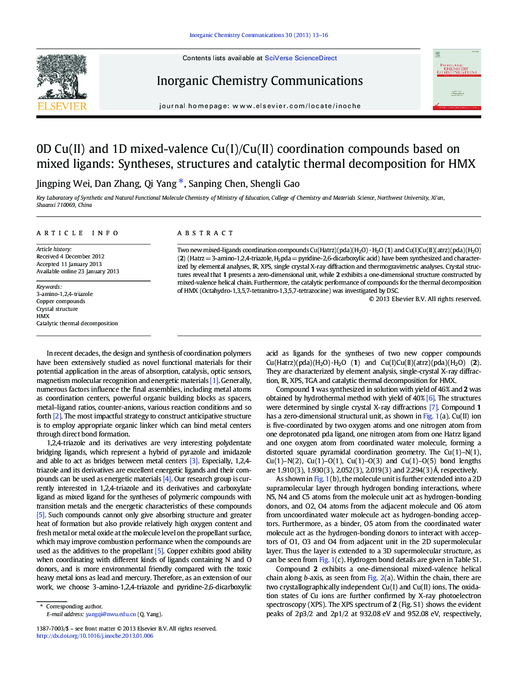 0D Cu(II) and 1D mixed-valence Cu(I)/Cu(II) coordination compounds based on mixed ligands: Syntheses, structures and catalytic thermal decomposition for HMX