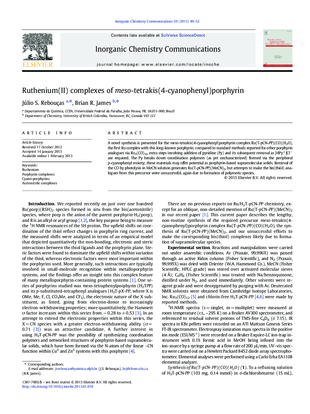 Ruthenium(II) complexes of meso-tetrakis(4-cyanophenyl)porphyrin