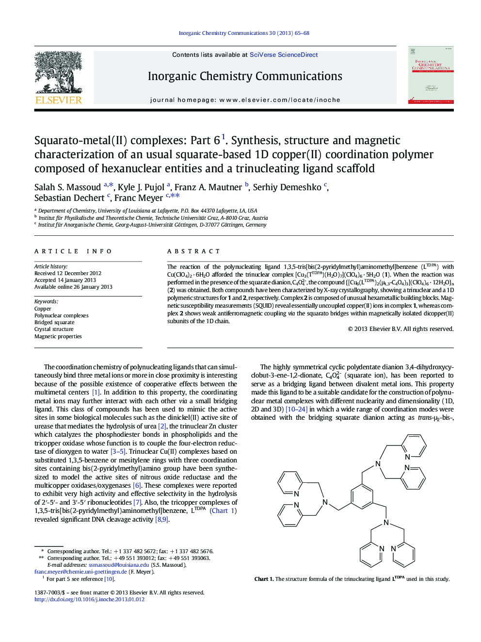 Squarato-metal(II) complexes: Part 61. Synthesis, structure and magnetic characterization of an usual squarate-based 1D copper(II) coordination polymer composed of hexanuclear entities and a trinucleating ligand scaffold