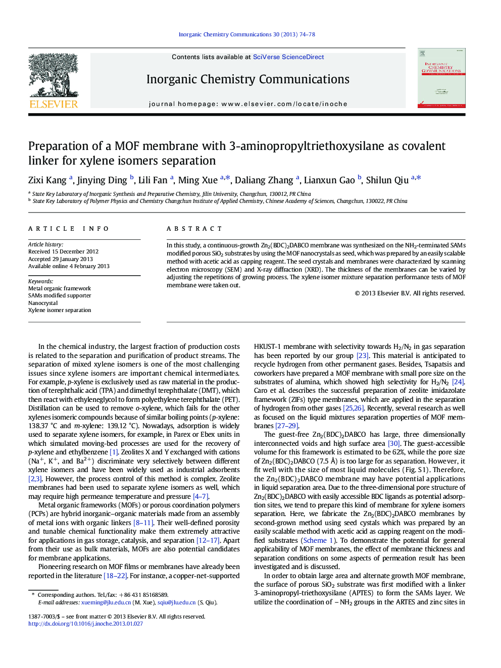 Preparation of a MOF membrane with 3-aminopropyltriethoxysilane as covalent linker for xylene isomers separation