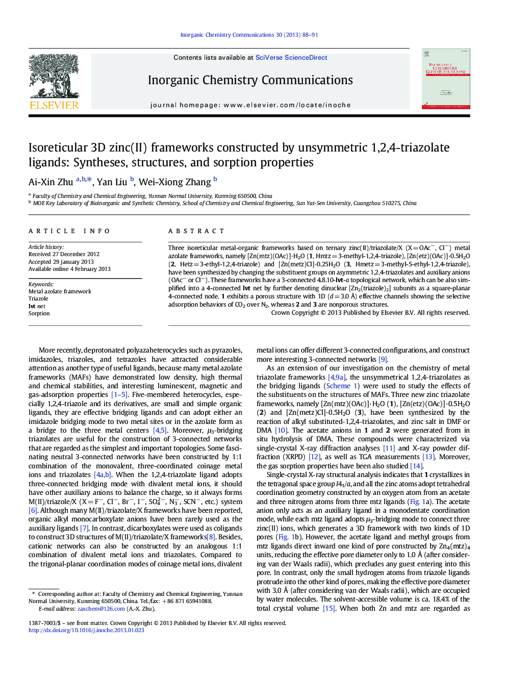 Isoreticular 3D zinc(II) frameworks constructed by unsymmetric 1,2,4-triazolate ligands: Syntheses, structures, and sorption properties