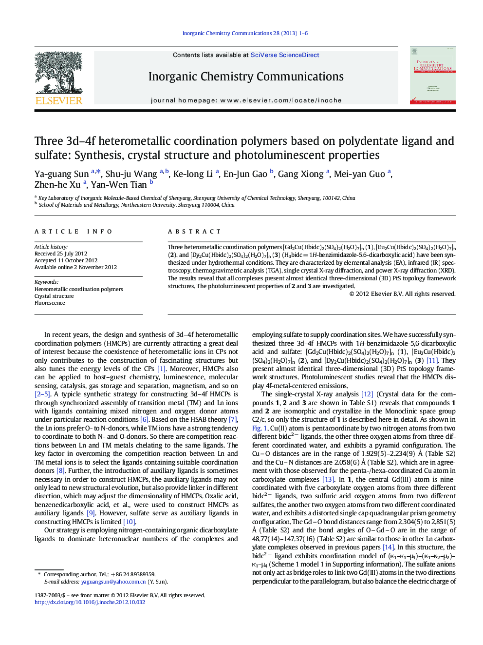Three 3d–4f heterometallic coordination polymers based on polydentate ligand and sulfate: Synthesis, crystal structure and photoluminescent properties