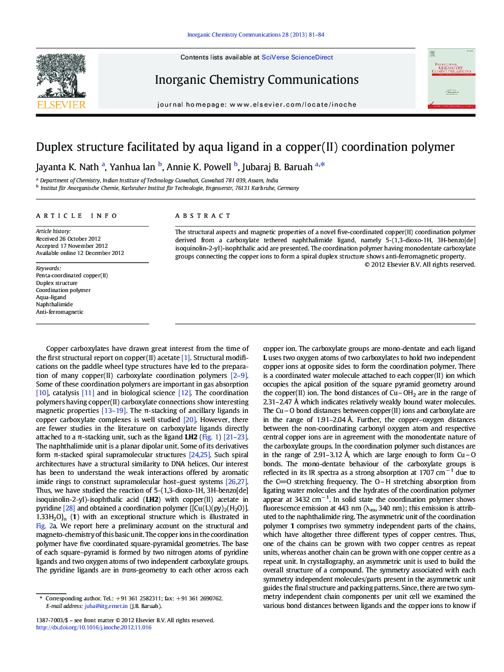 Duplex structure facilitated by aqua ligand in a copper(II) coordination polymer