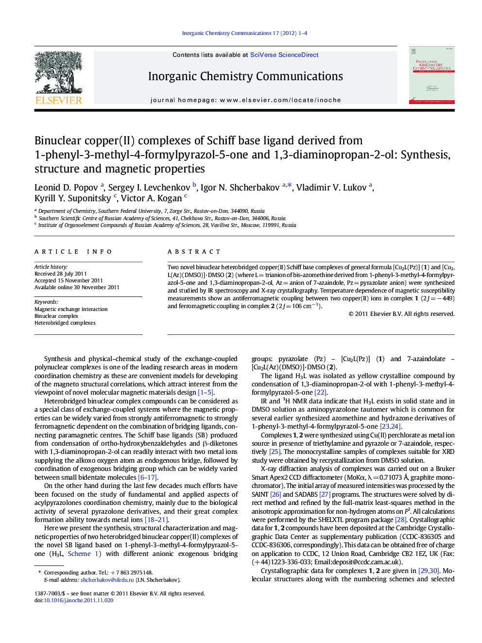 Binuclear copper(II) complexes of Schiff base ligand derived from 1-phenyl-3-methyl-4-formylpyrazol-5-one and 1,3-diaminopropan-2-ol: Synthesis, structure and magnetic properties