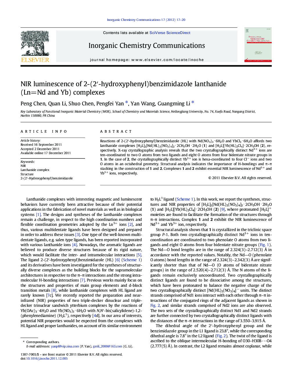 NIR luminescence of 2-(2′-hydroxyphenyl)benzimidazole lanthanide (Ln=Nd and Yb) complexes