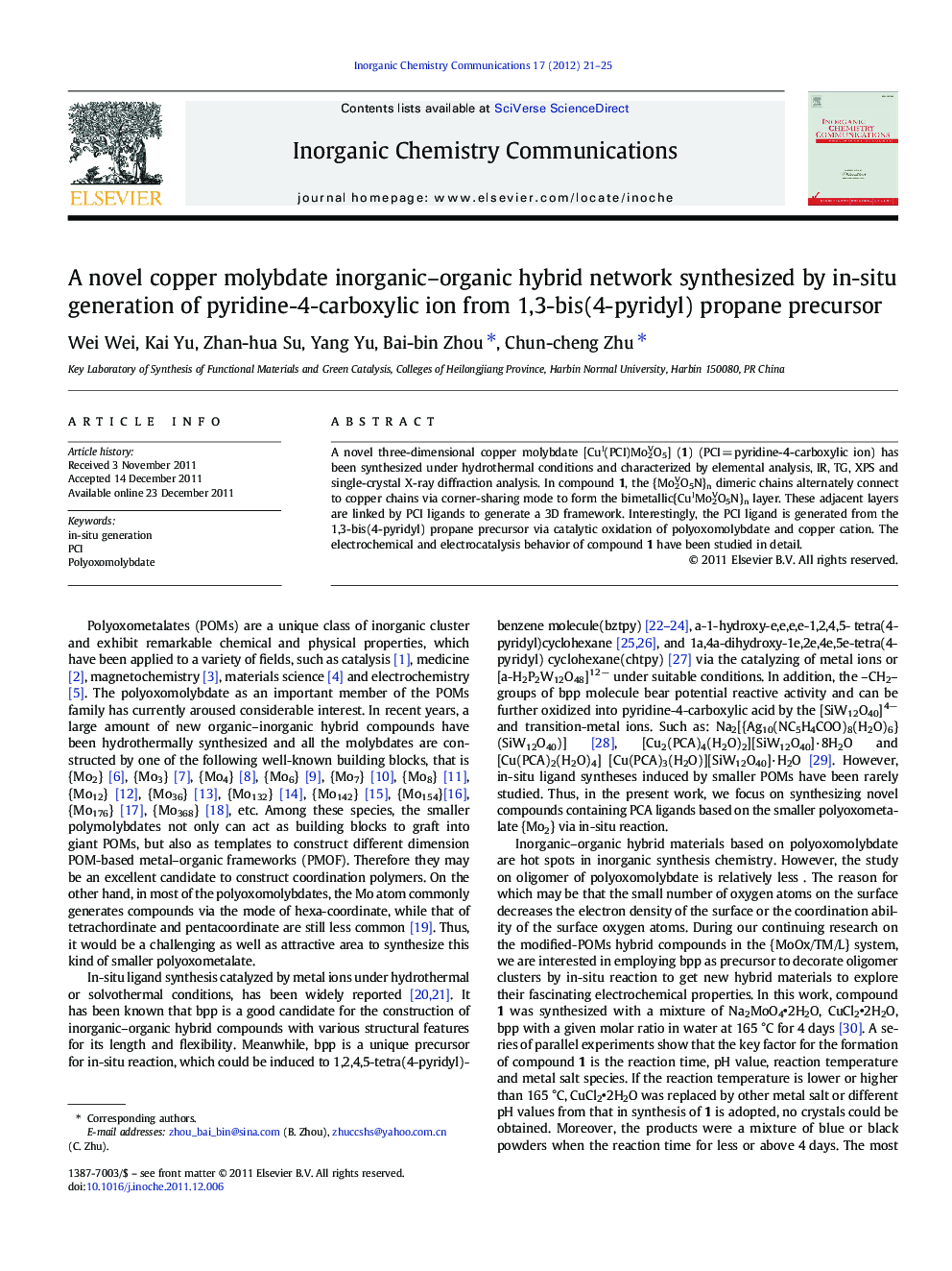 A novel copper molybdate inorganic–organic hybrid network synthesized by in-situ generation of pyridine-4-carboxylic ion from 1,3-bis(4-pyridyl) propane precursor