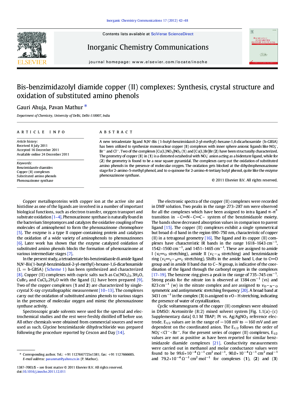 Bis-benzimidazolyl diamide copper (II) complexes: Synthesis, crystal structure and oxidation of substituted amino phenols