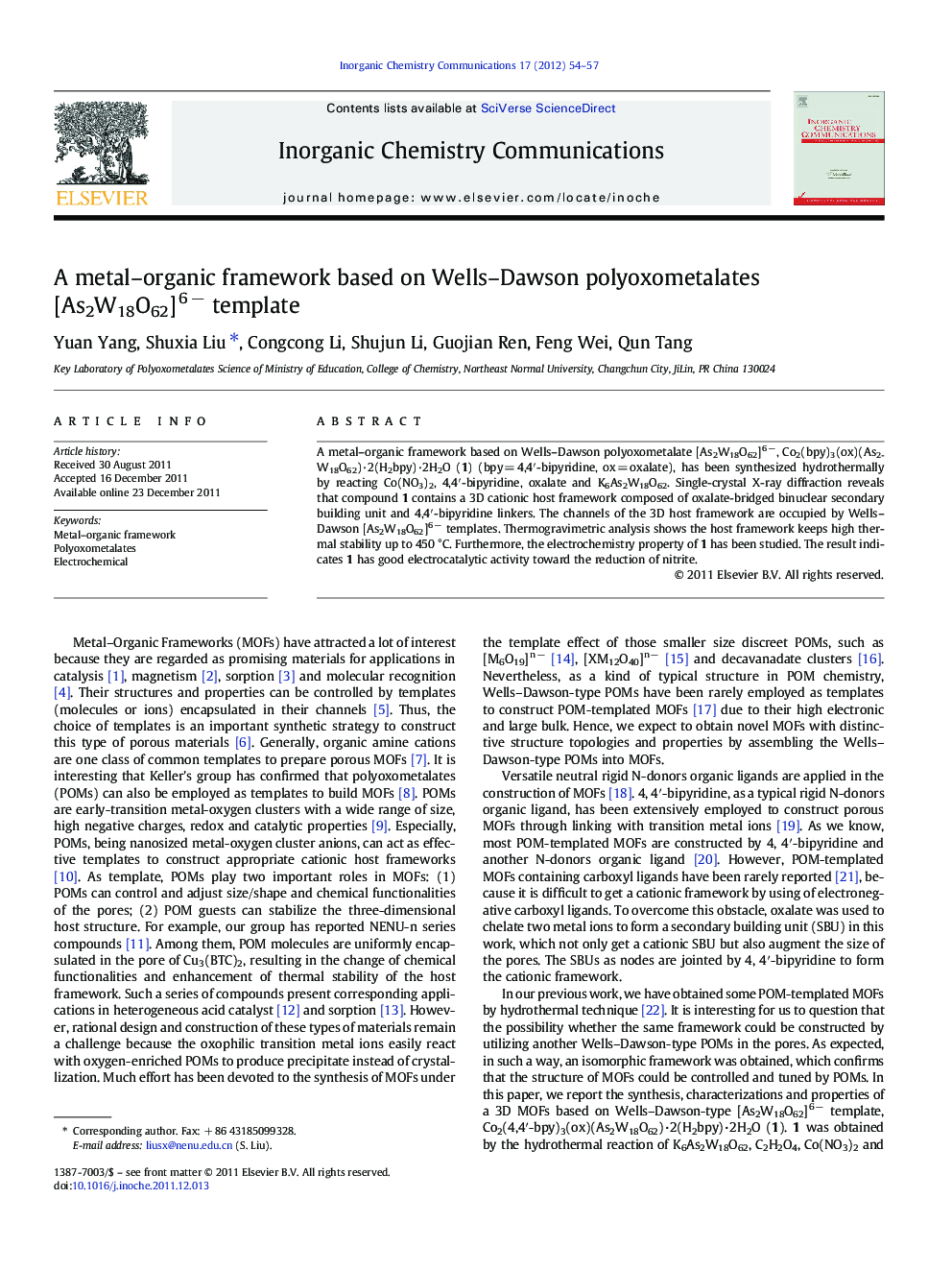 A metal–organic framework based on Wells–Dawson polyoxometalates [As2W18O62]6 − template