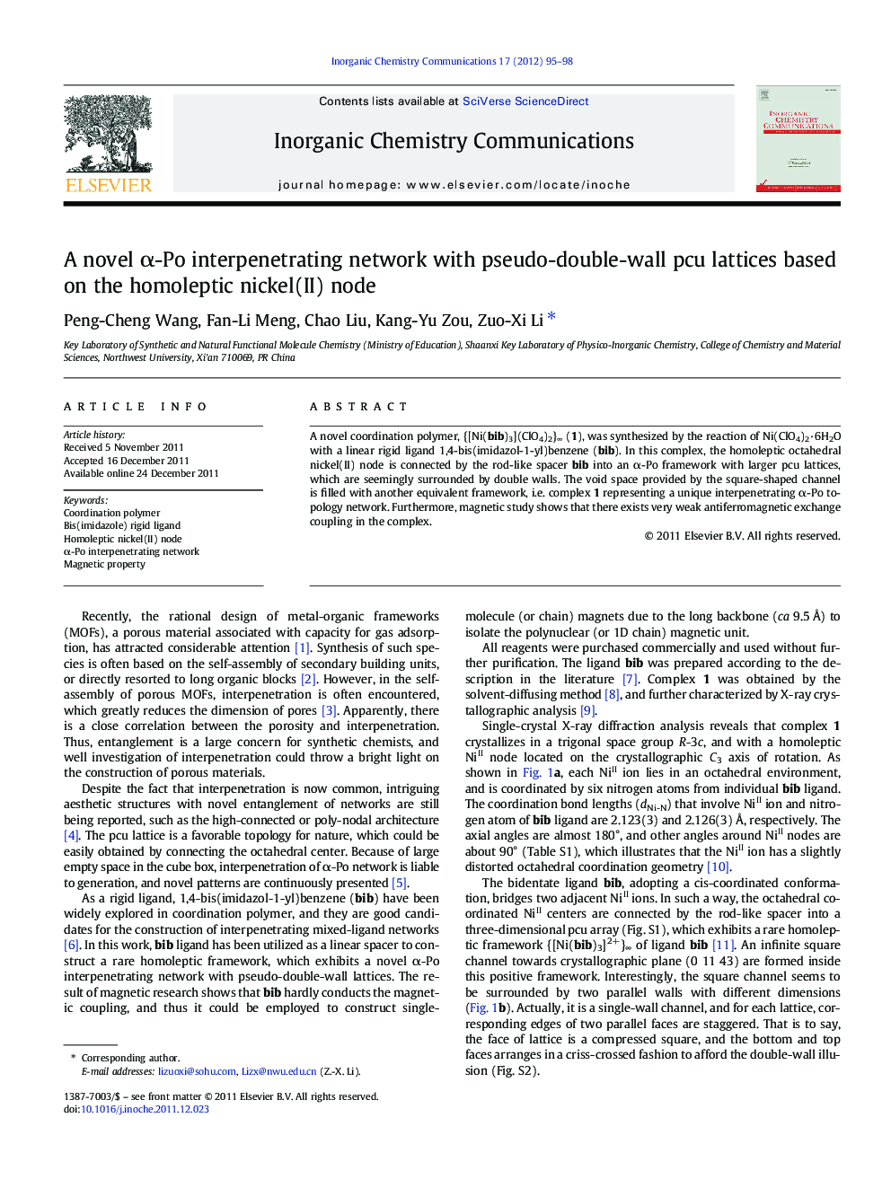 A novel Î±-Po interpenetrating network with pseudo-double-wall pcu lattices based on the homoleptic nickel(II) node