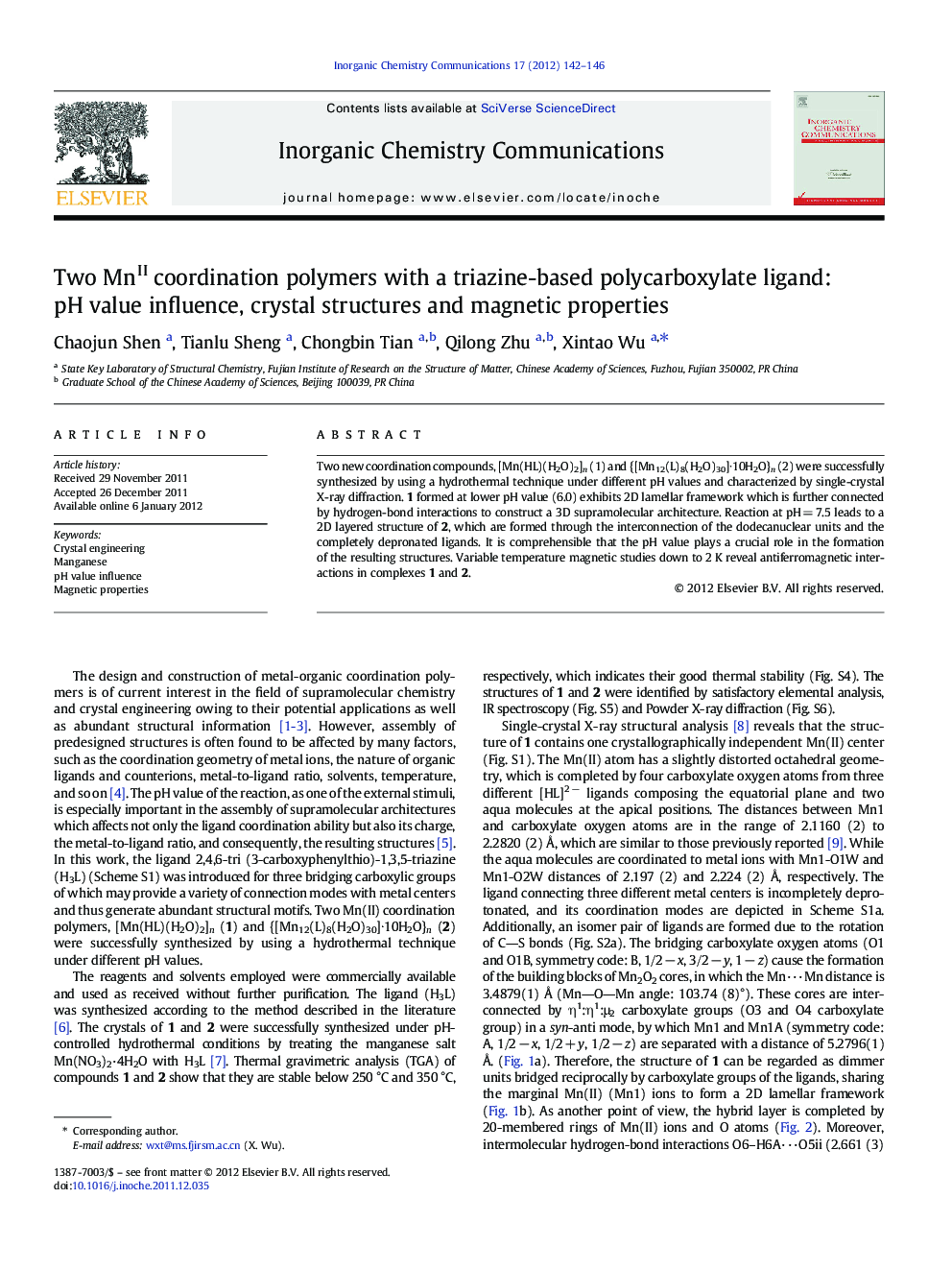 Two MnII coordination polymers with a triazine-based polycarboxylate ligand: pH value influence, crystal structures and magnetic properties