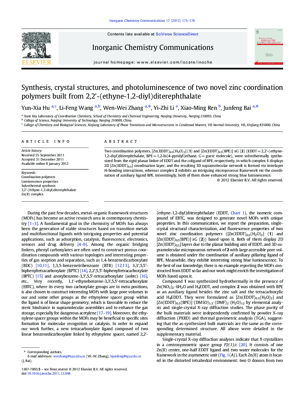 Synthesis, crystal structures, and photoluminescence of two novel zinc coordination polymers built from 2,2’-(ethyne-1,2-diyl)diterephthalate