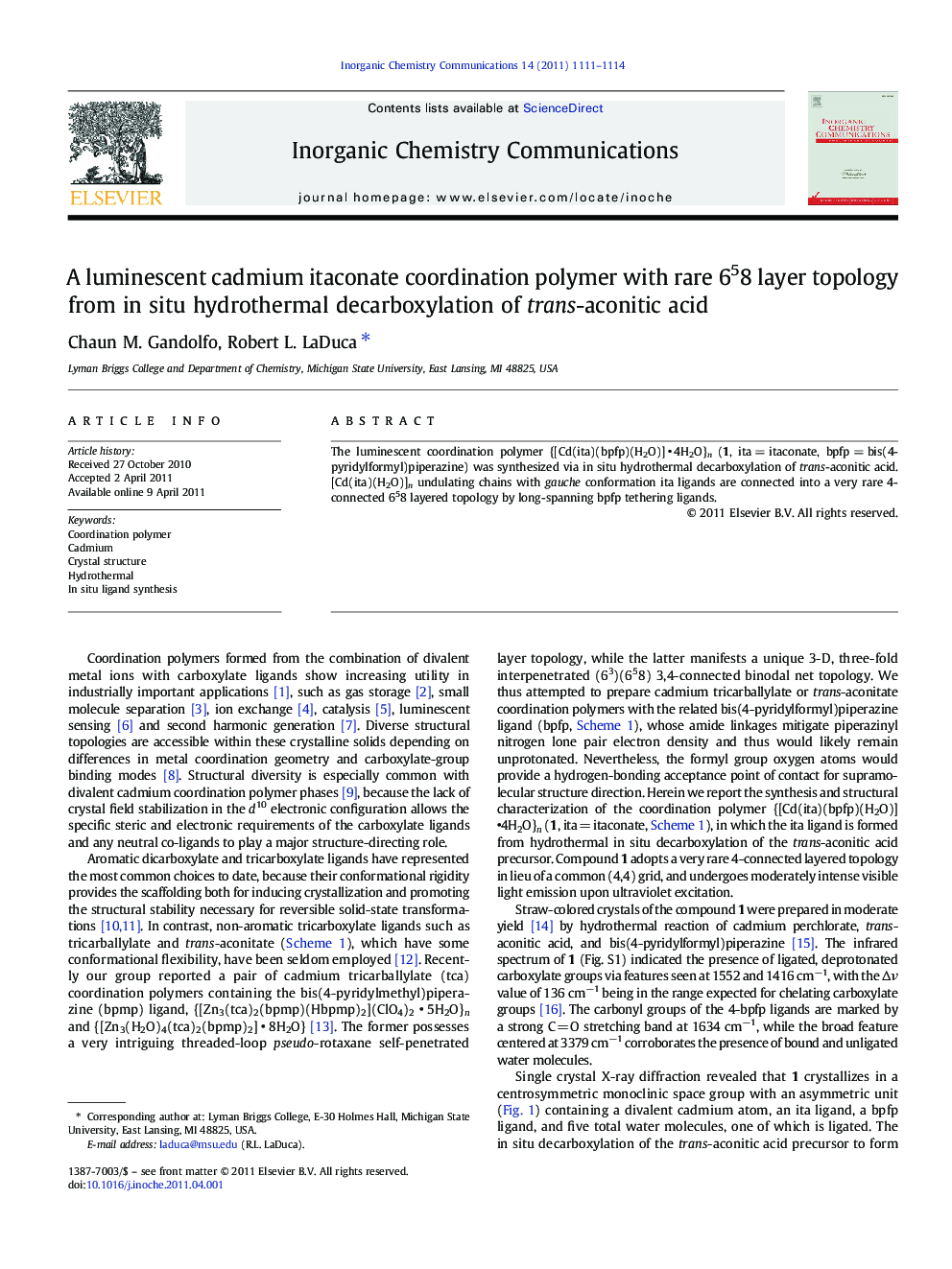 A luminescent cadmium itaconate coordination polymer with rare 658 layer topology from in situ hydrothermal decarboxylation of trans-aconitic acid