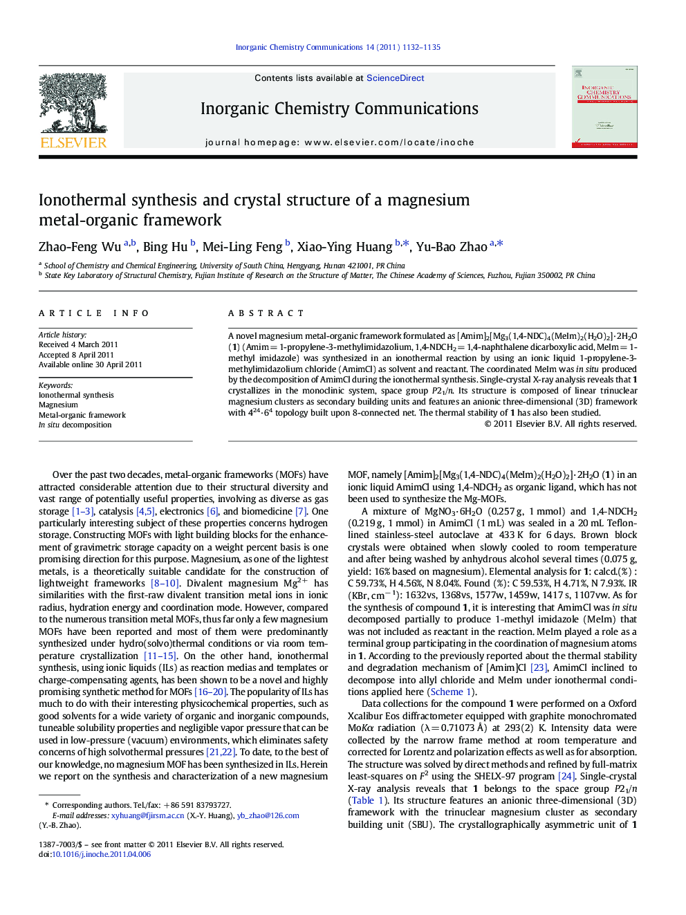 Ionothermal synthesis and crystal structure of a magnesium metal-organic framework