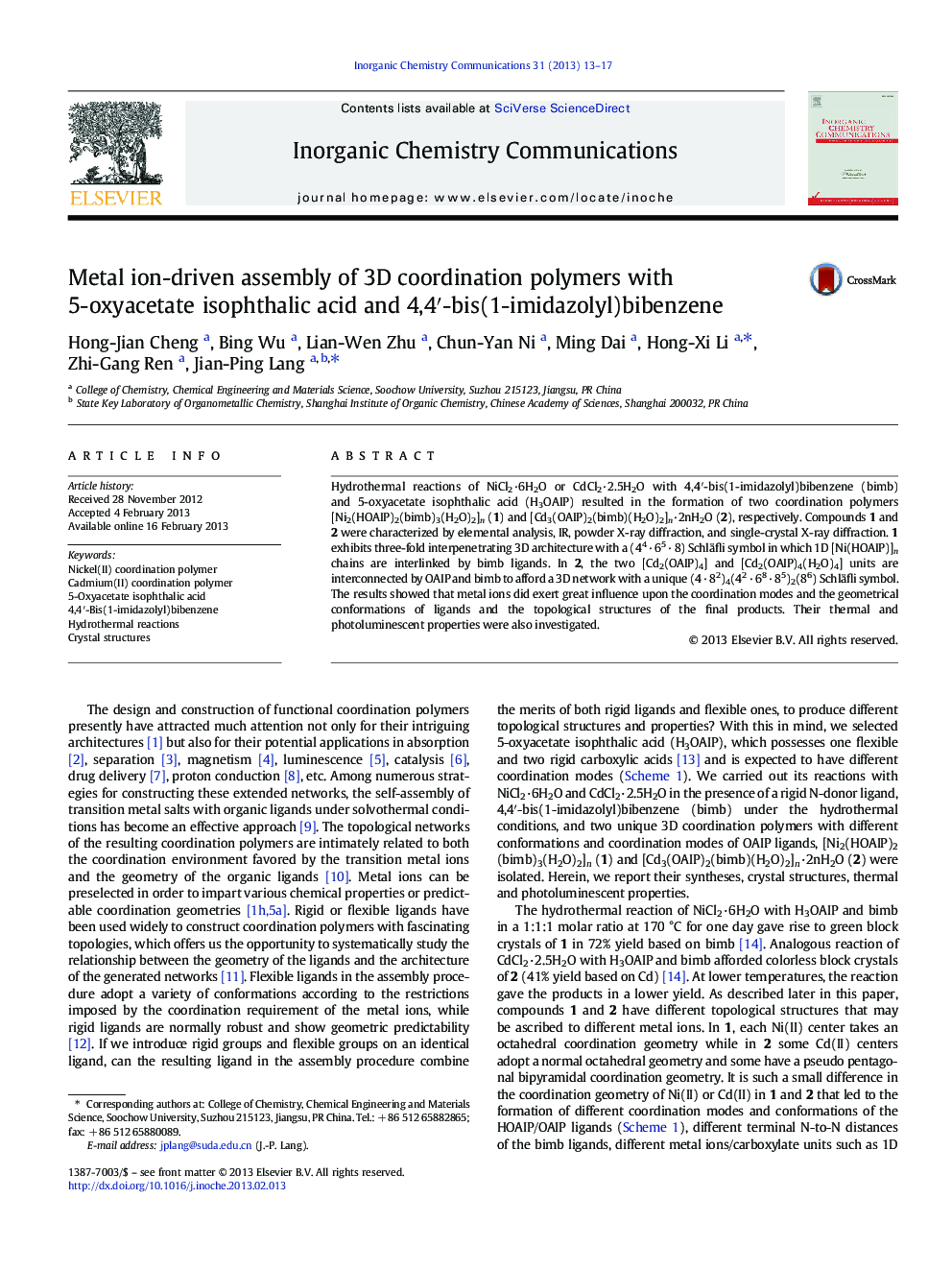 Metal ion-driven assembly of 3D coordination polymers with 5-oxyacetate isophthalic acid and 4,4′-bis(1-imidazolyl)bibenzene