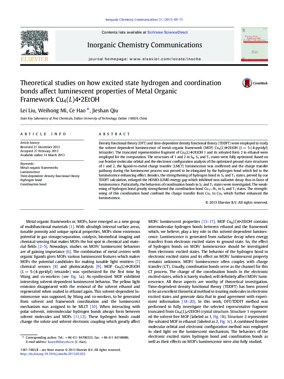 Theoretical studies on how excited state hydrogen and coordination bonds affect luminescent properties of Metal Organic Framework Cu4(L)4•2EtOH