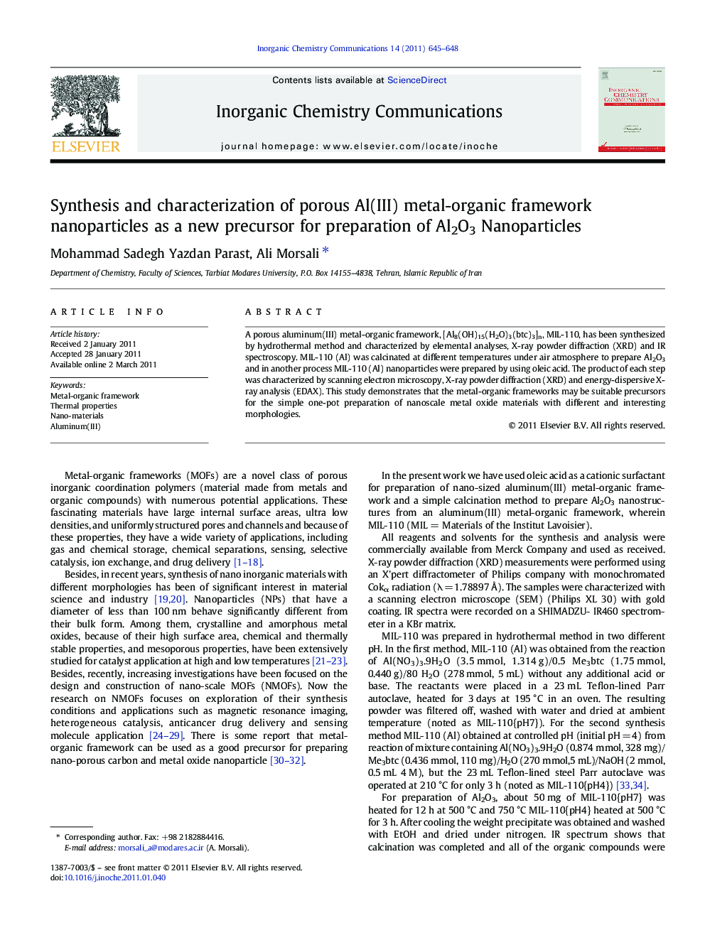 Synthesis and characterization of porous Al(III) metal-organic framework nanoparticles as a new precursor for preparation of Al2O3 Nanoparticles