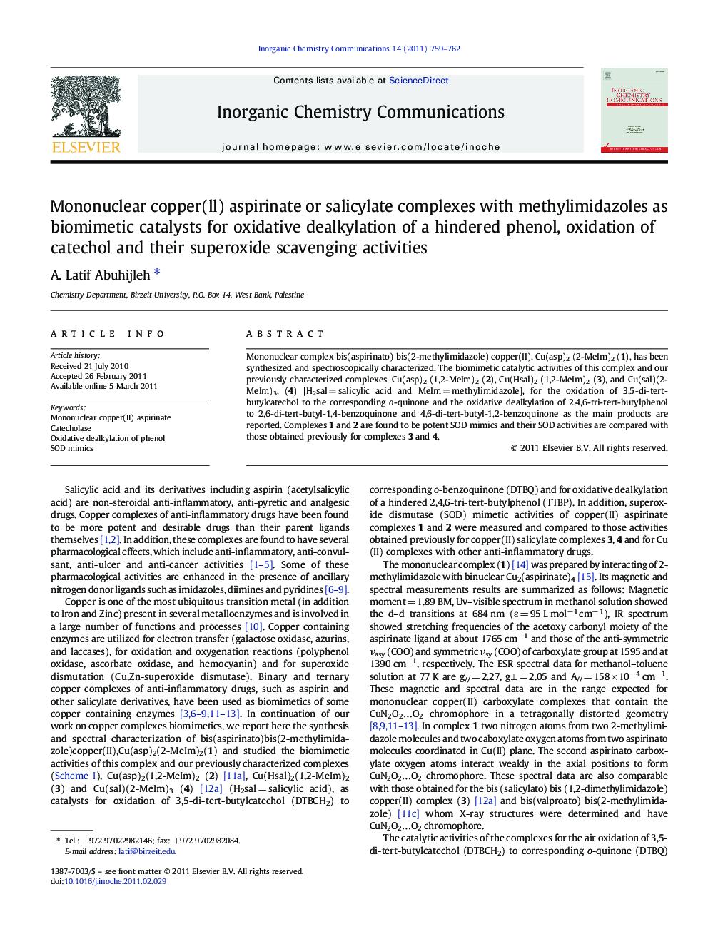 Mononuclear copper(ll) aspirinate or salicylate complexes with methylimidazoles as biomimetic catalysts for oxidative dealkylation of a hindered phenol, oxidation of catechol and their superoxide scavenging activities